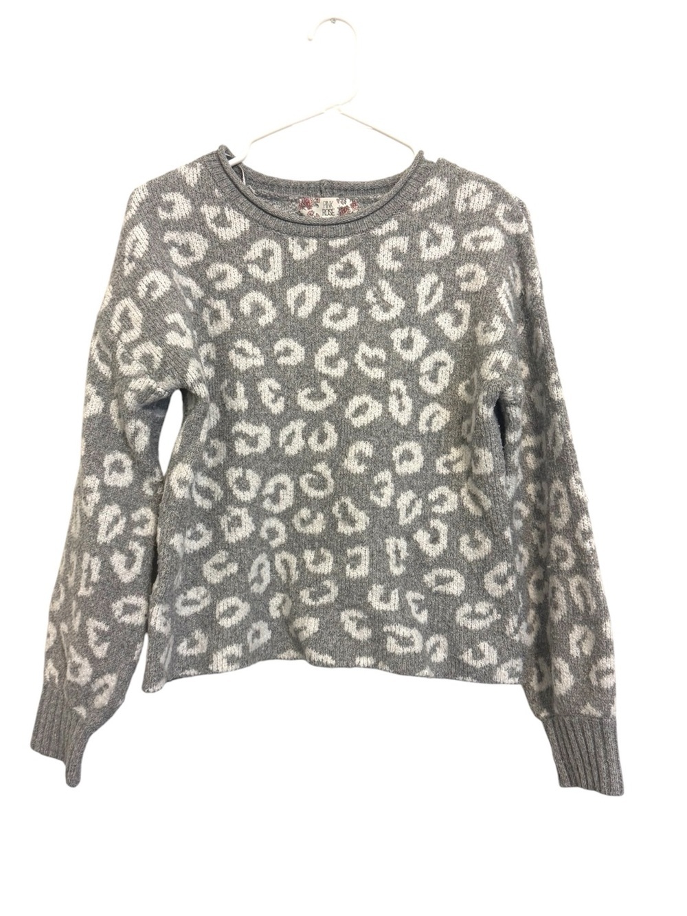 2/$30 Pink Rose Gray White Leopard Animal Print Knit Sweater Size Large
